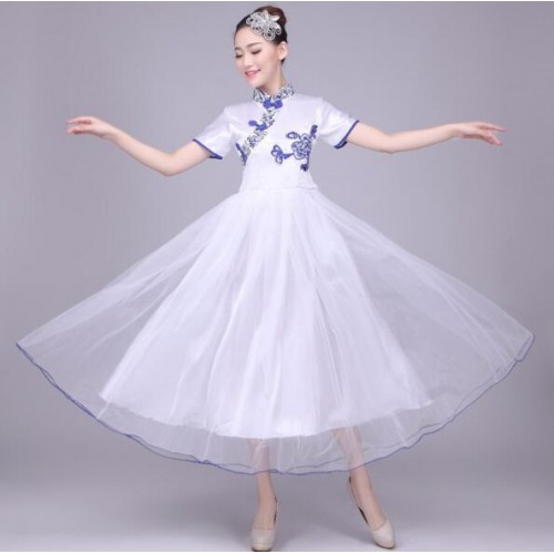Royal blue white women Folk Dance Fan Dance costumes chinese Ancient Traditional Dress 